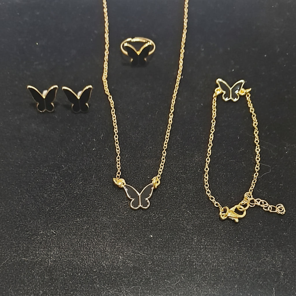 5-Pieces Set of Golden-Black Butterfly Locket with Bracelets, Earrings & Ring in Gift Packing