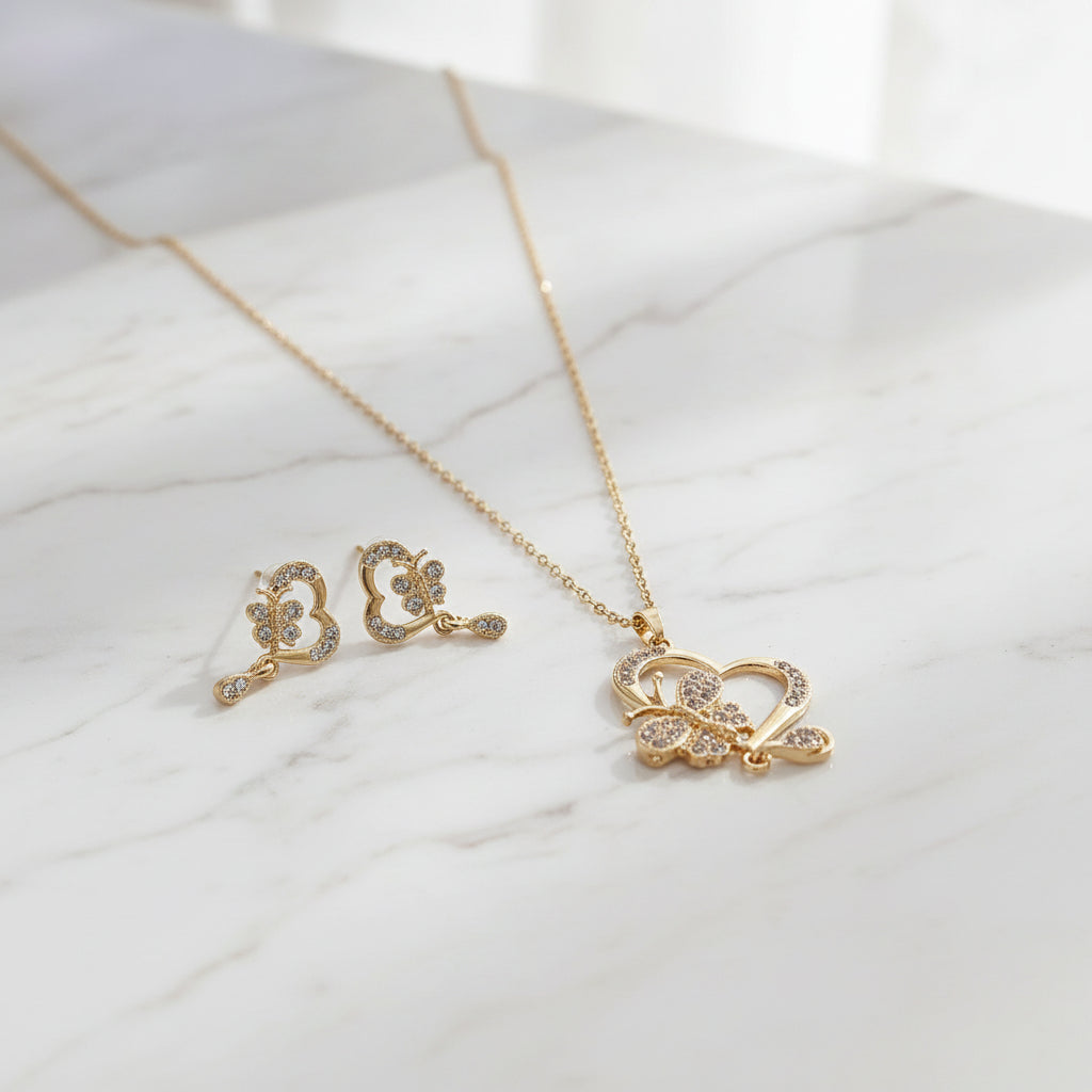 3-Pieces Set of Golden Butterfly in Heart Locket & Earrings in Gift Packing