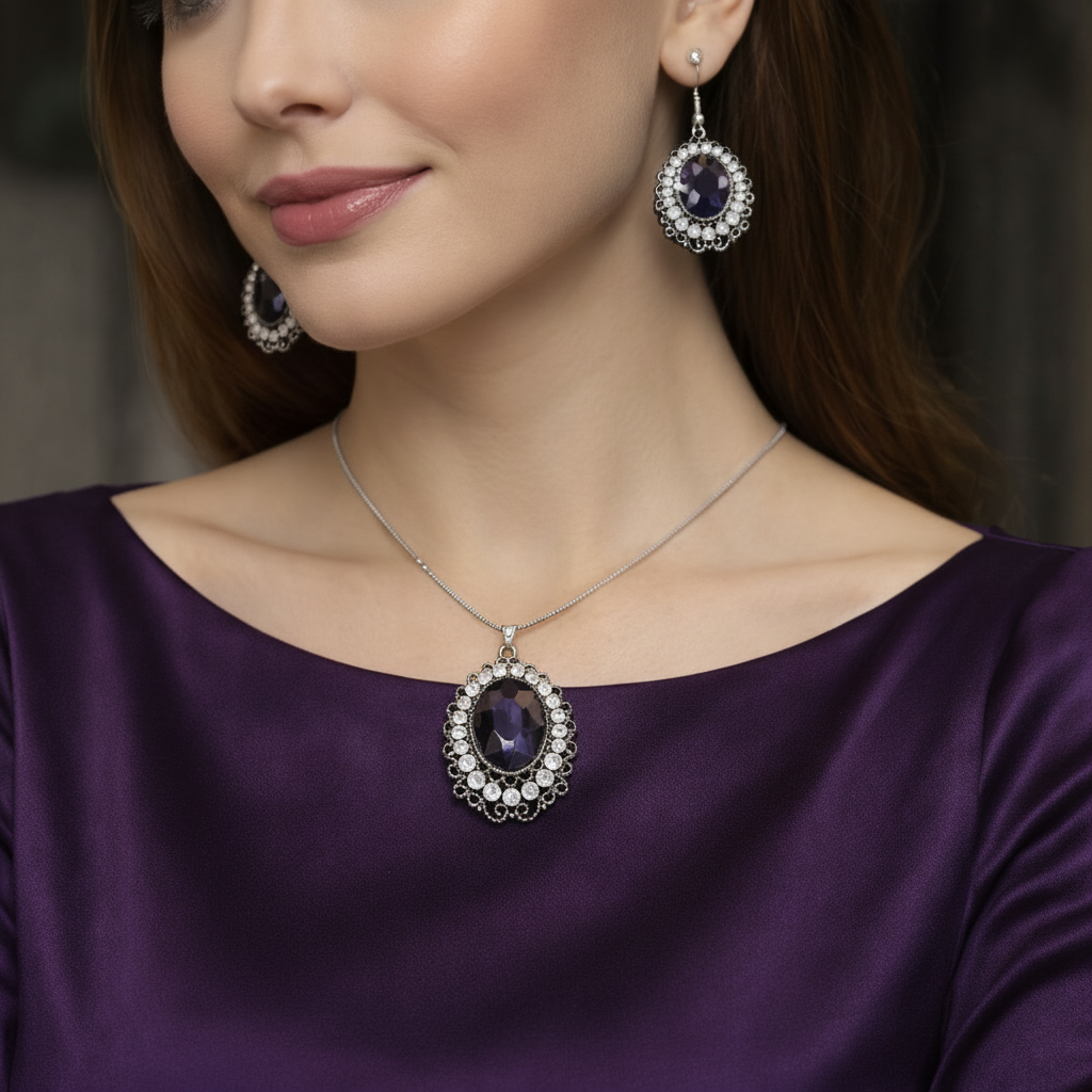 3-Pieces Set of Locket & Earrings with Oval Shaped Dark Purple Gemstone Charms in Gift Packing