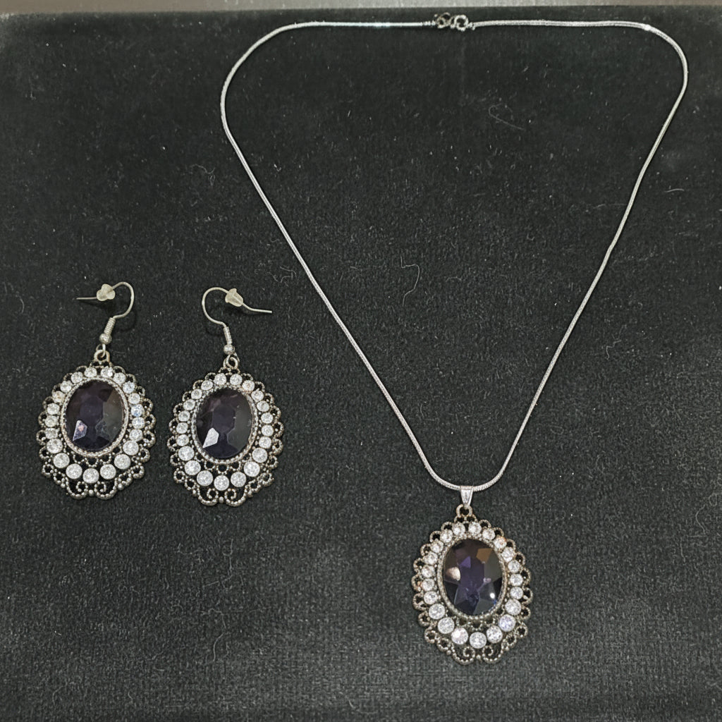 3-Pieces Set of Locket & Earrings with Oval Shaped Dark Purple Gemstone Charms in Gift Packing