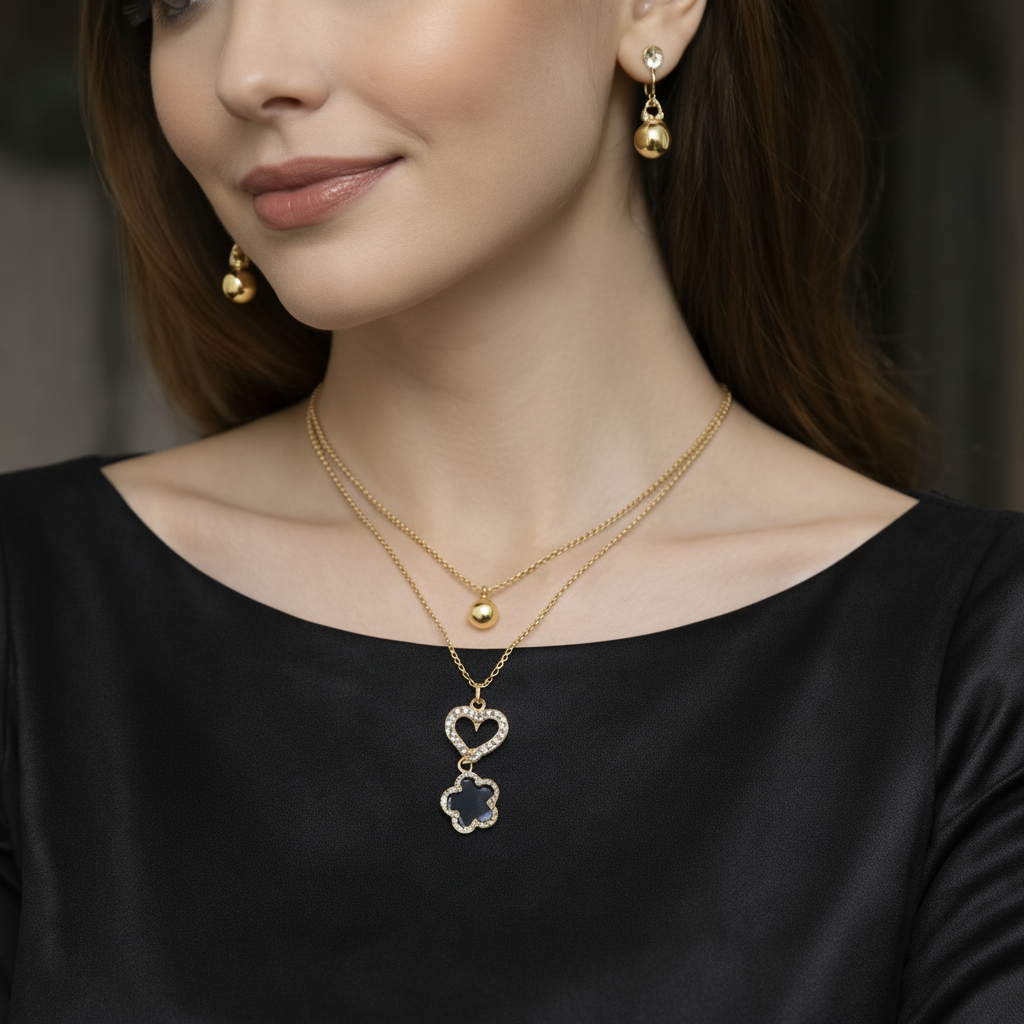 Golden Double Chain Heart & Clover Locket with Earrings (3-Piece Set) in Gift Packing