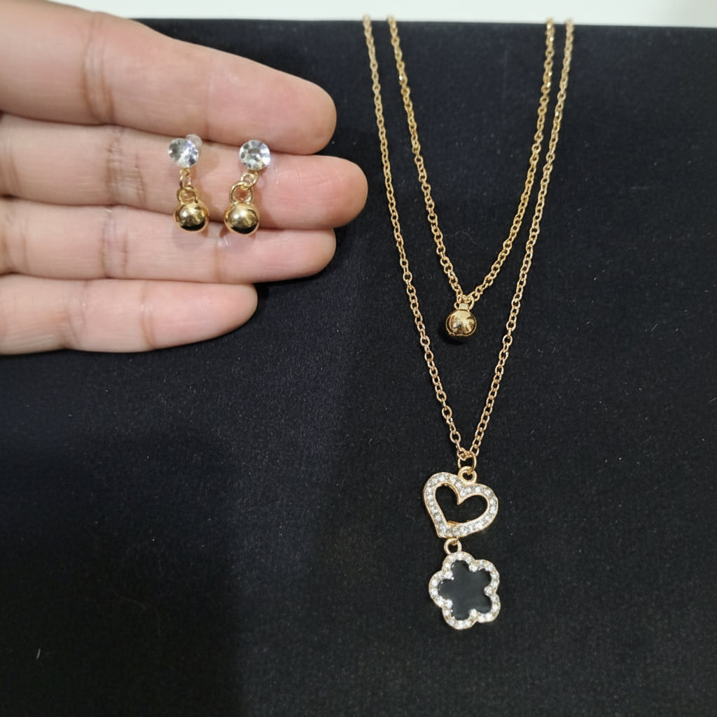 Golden Double Chain Heart & Clover Locket with Earrings (3-Piece Set) in Gift Packing