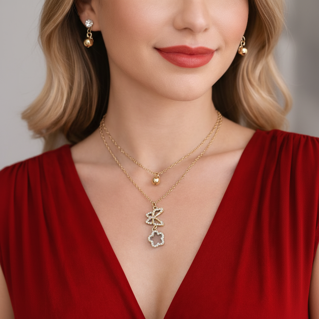 Golden Double Chain Butterfly & Clover Locket with Earrings (3-Piece Set) in Gift Packing