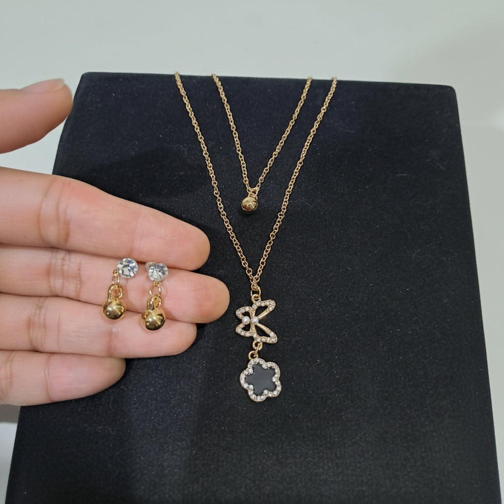 Golden Double Chain Butterfly & Clover Locket with Earrings (3-Piece Set) in Gift Packing