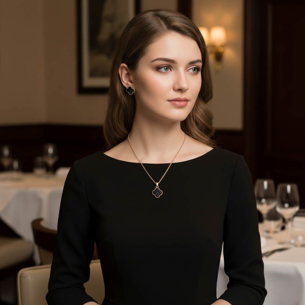 3-Pcs Set of Golden-Black Four Leaves Clover Locket with Earrings in Gift Packing