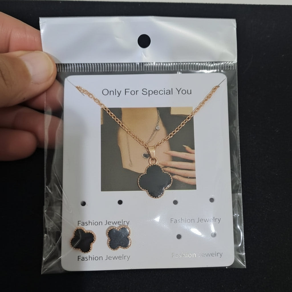 3-Pcs Set of Golden-Black Four Leaves Clover Locket with Earrings in Gift Packing
