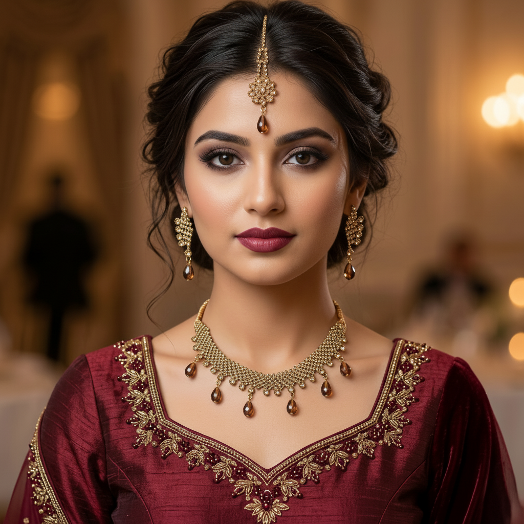 Golden Metallic Necklace, Earrings & Maang tika with Beads & Pearls in Gift Packing