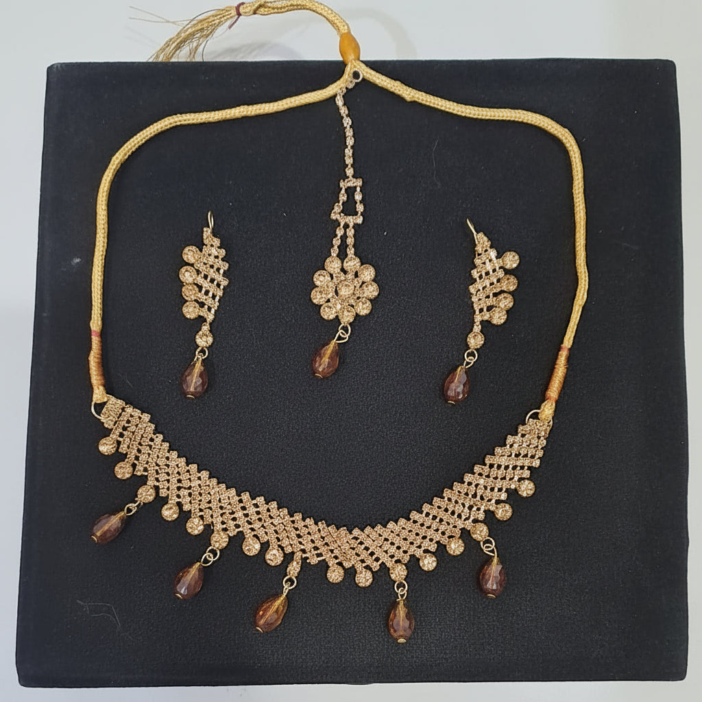 Golden Metallic Necklace, Earrings & Maang tika with Beads & Pearls in Gift Packing