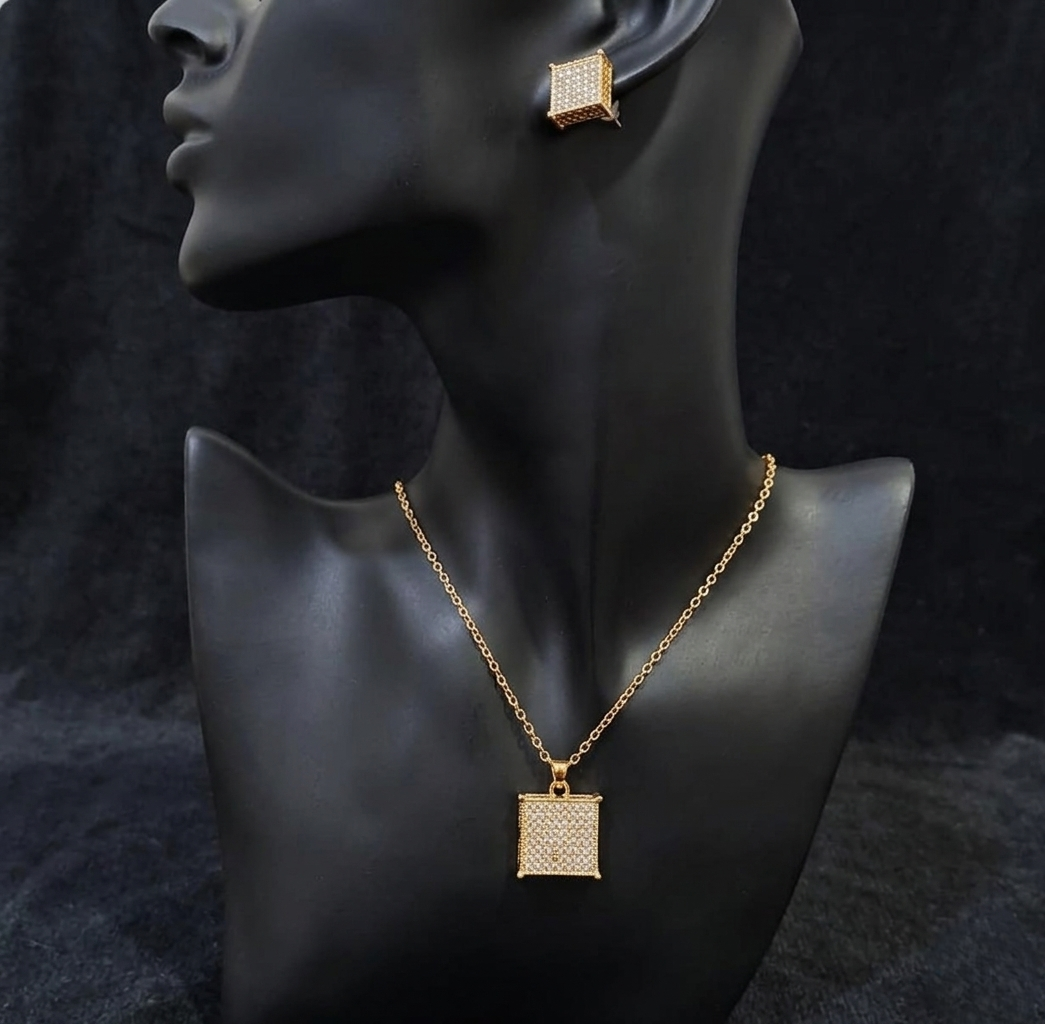 Golden Metallic Necklace & Earrings with Crystals in Gift Packing
