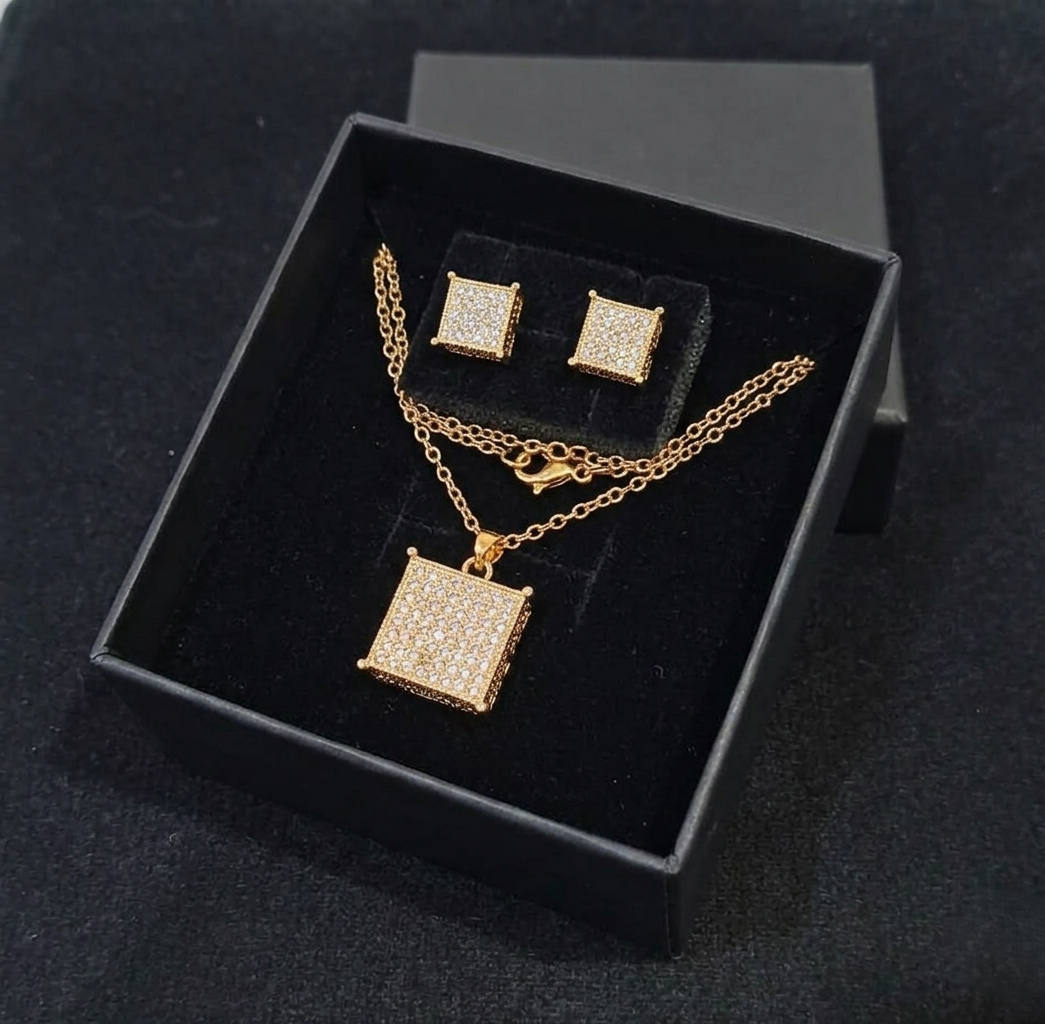 Golden Metallic Necklace & Earrings with Crystals in Gift Packing