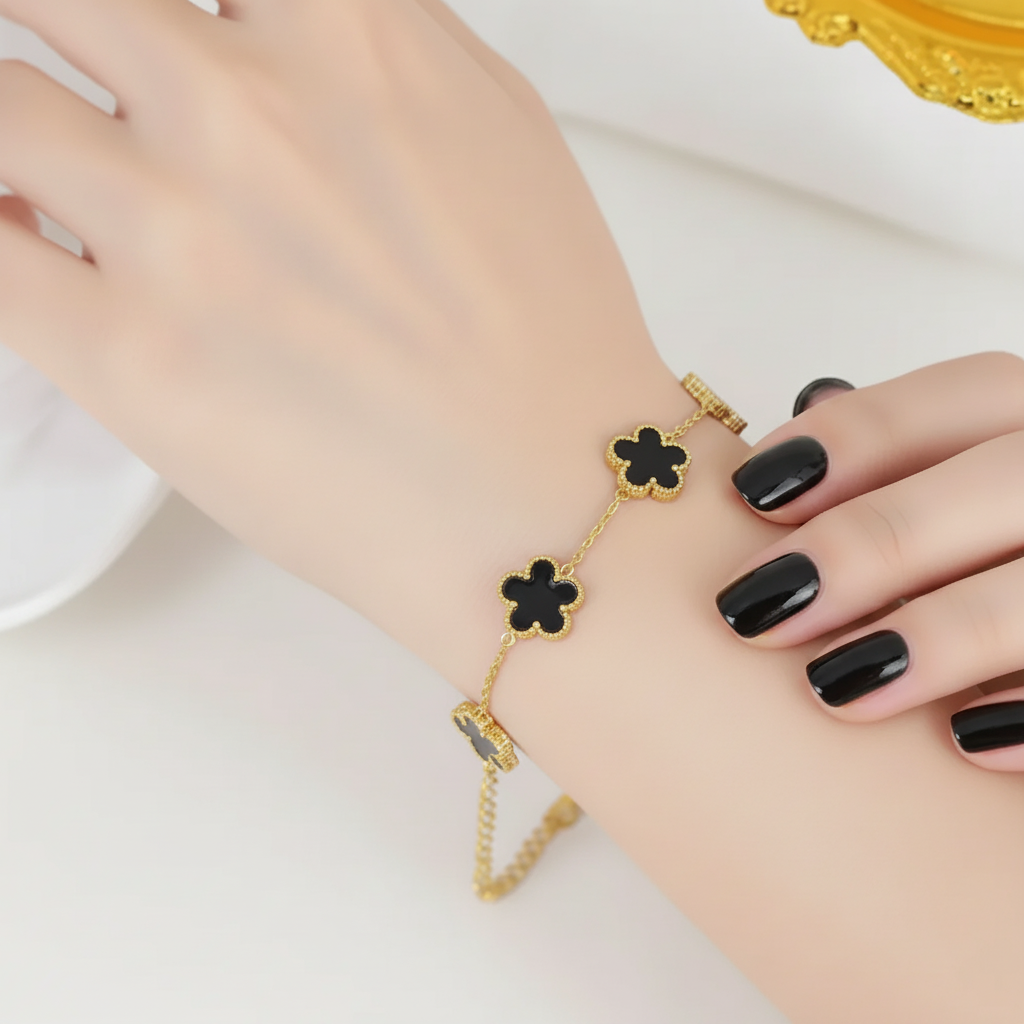 Golden-Black 5 Leaves Clover Bracelet in Gift Packing