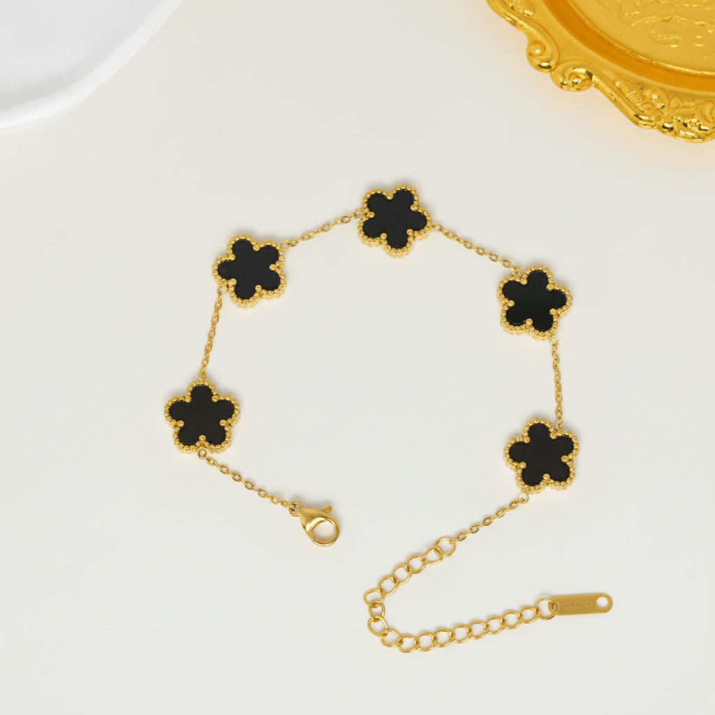 Golden-Black 5 Leaves Clover Bracelet in Gift Packing
