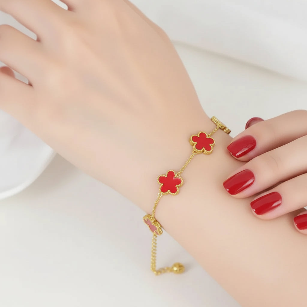Golden-Red 5 Leaves Clover Bracelet in Gift Packing