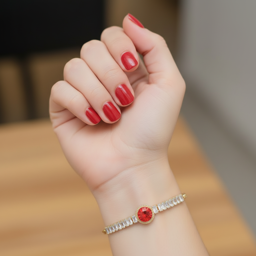 Golden Bracelet with a Round Red Gemstone Charm in Gift Packing