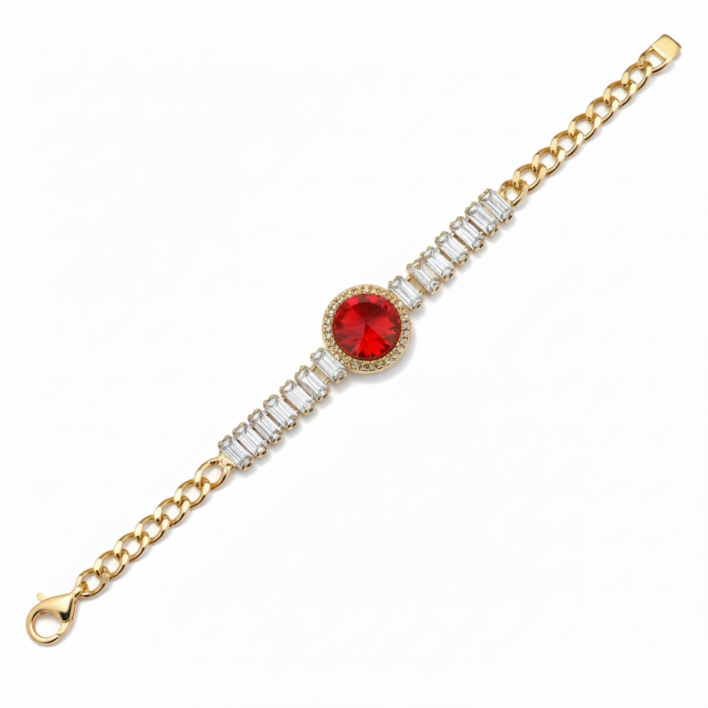 Golden Bracelet with a Round Red Gemstone Charm in Gift Packing