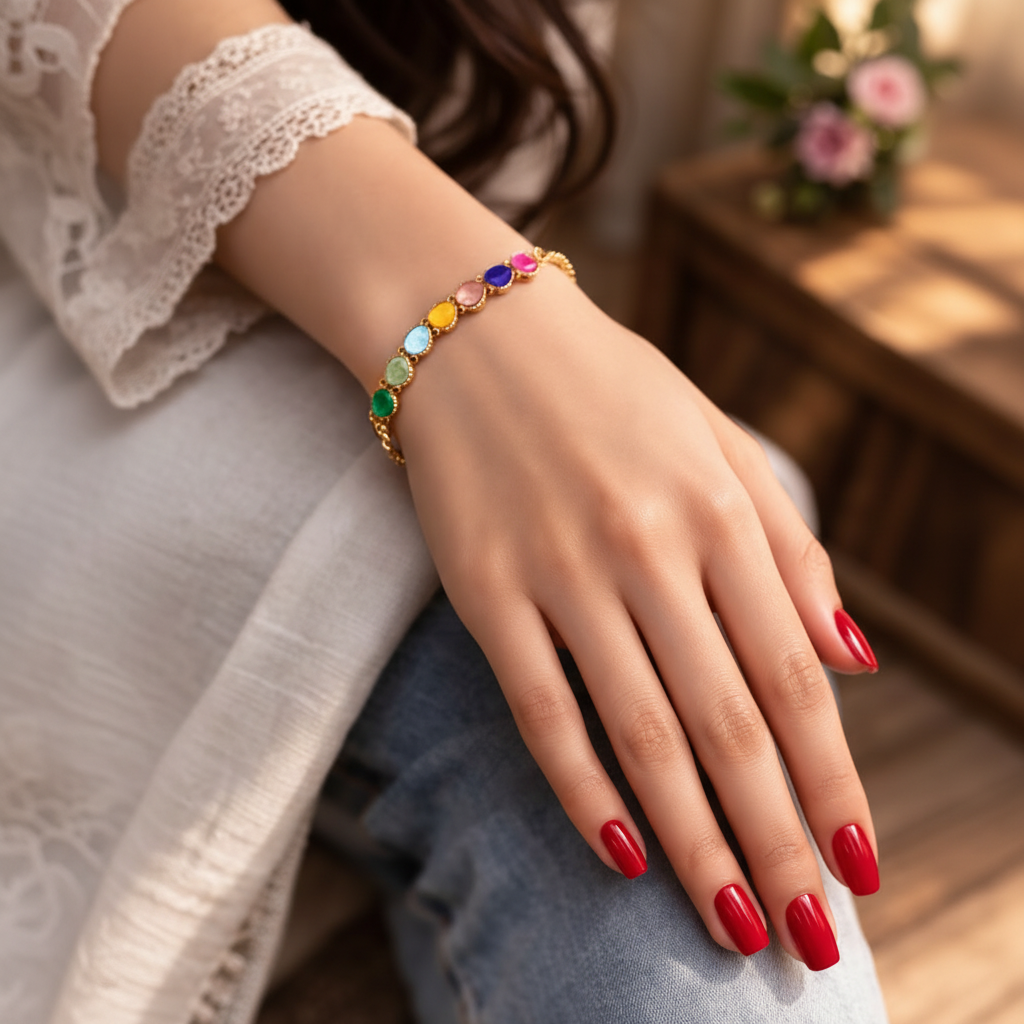 Golden Bracelet with Multi Colour Gemstones Charms in Gift Packing