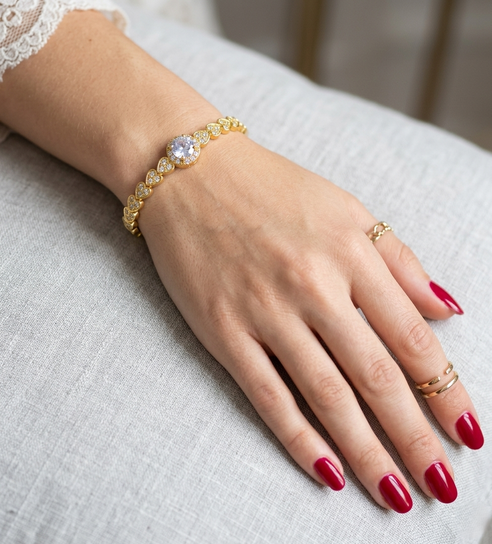 Golden Bracelet with series of Hearts & Crystals in Gift Packing