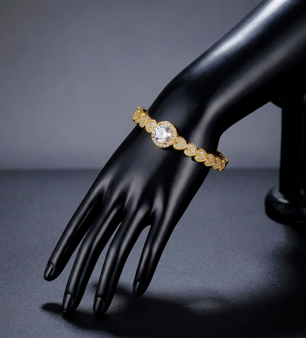 Golden Bracelet with series of Hearts & Crystals in Gift Packing