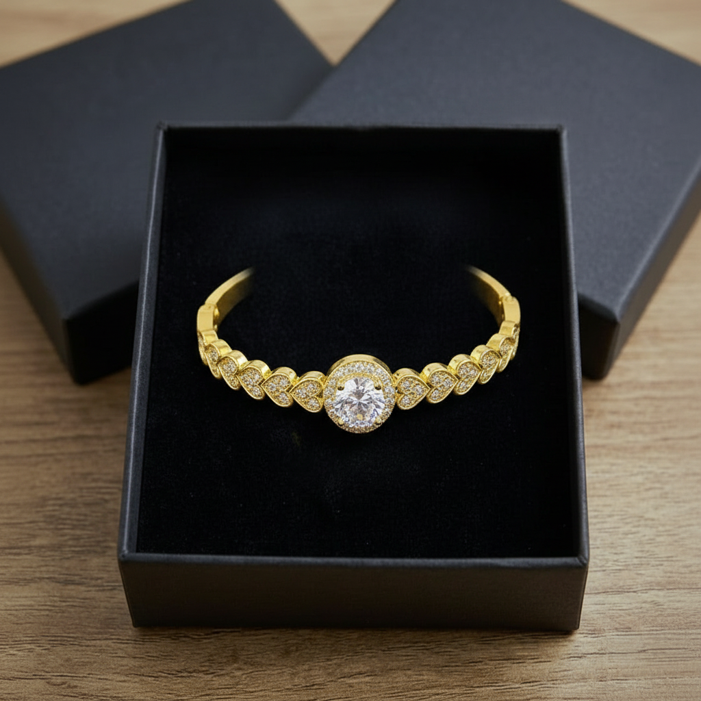 Golden Bracelet with series of Hearts & Crystals in Gift Packing