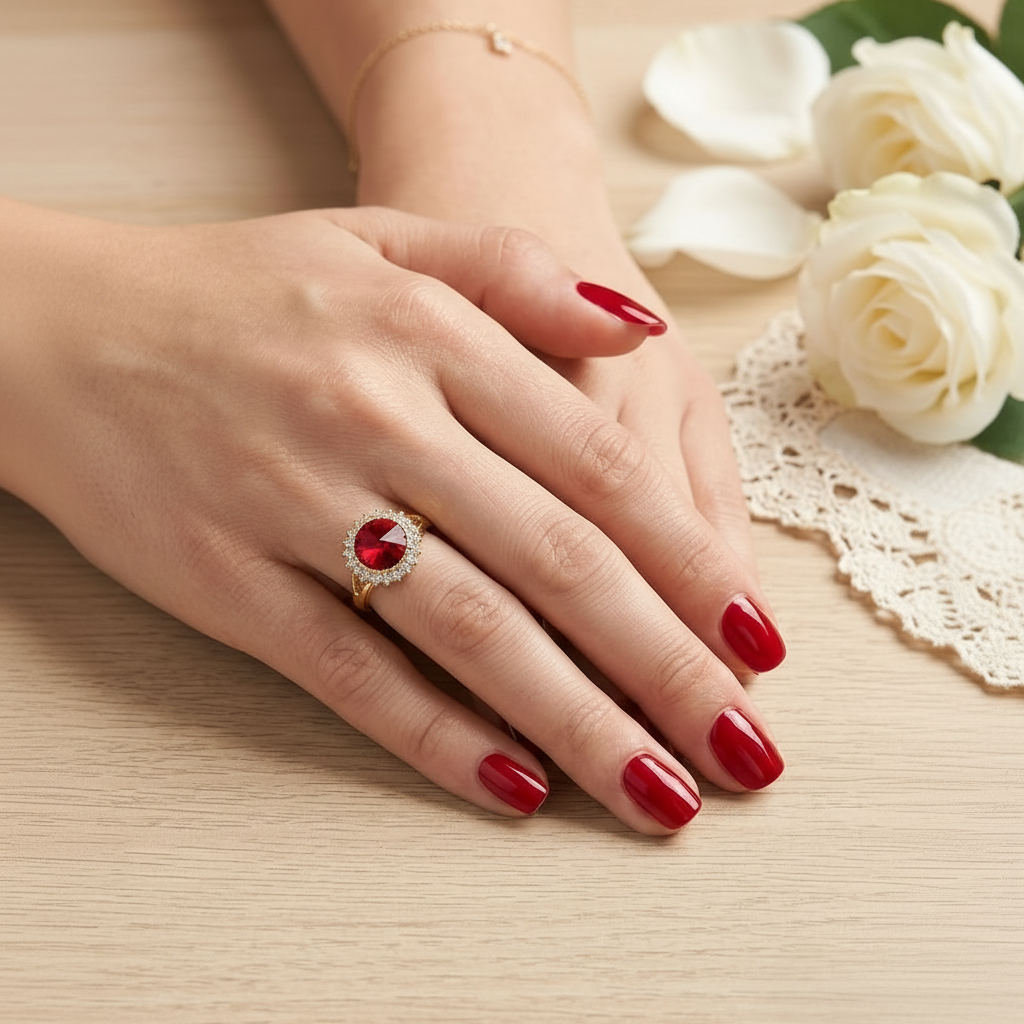 Elegant Golden Ring with Red Gemstone & Crystals in Gift Packing