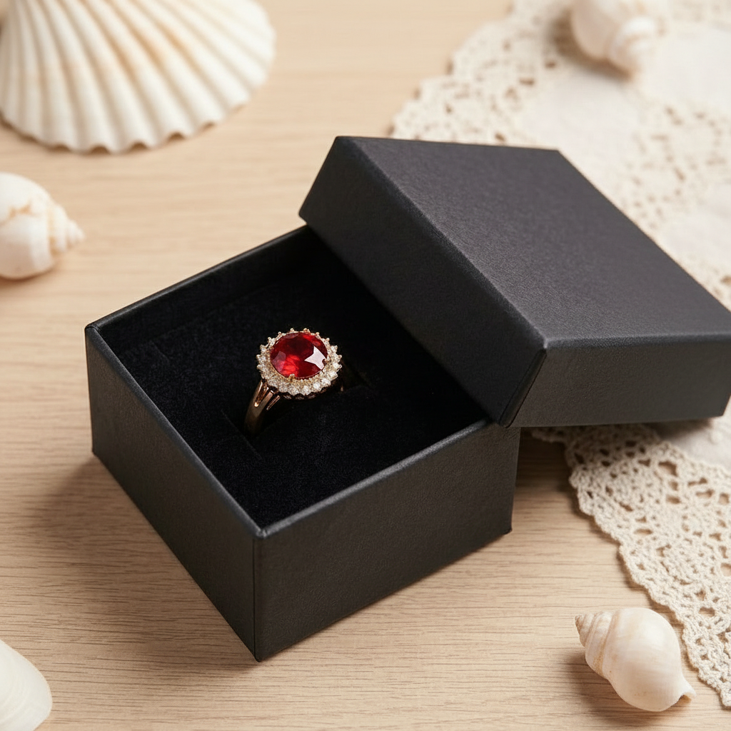Elegant Golden Ring with Red Gemstone & Crystals in Gift Packing
