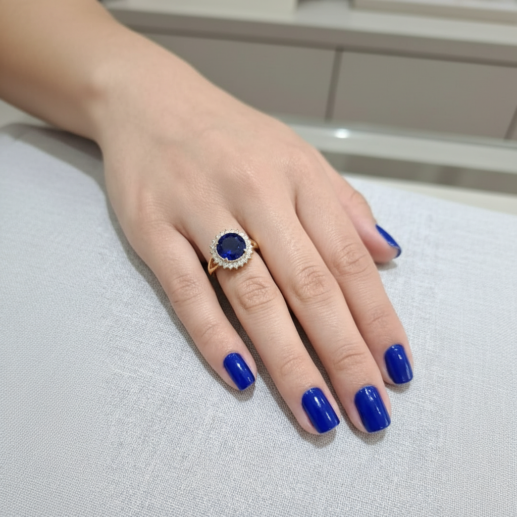 Elegant Golden Ring with Blue Gemstone & Crystals in Gift Packing