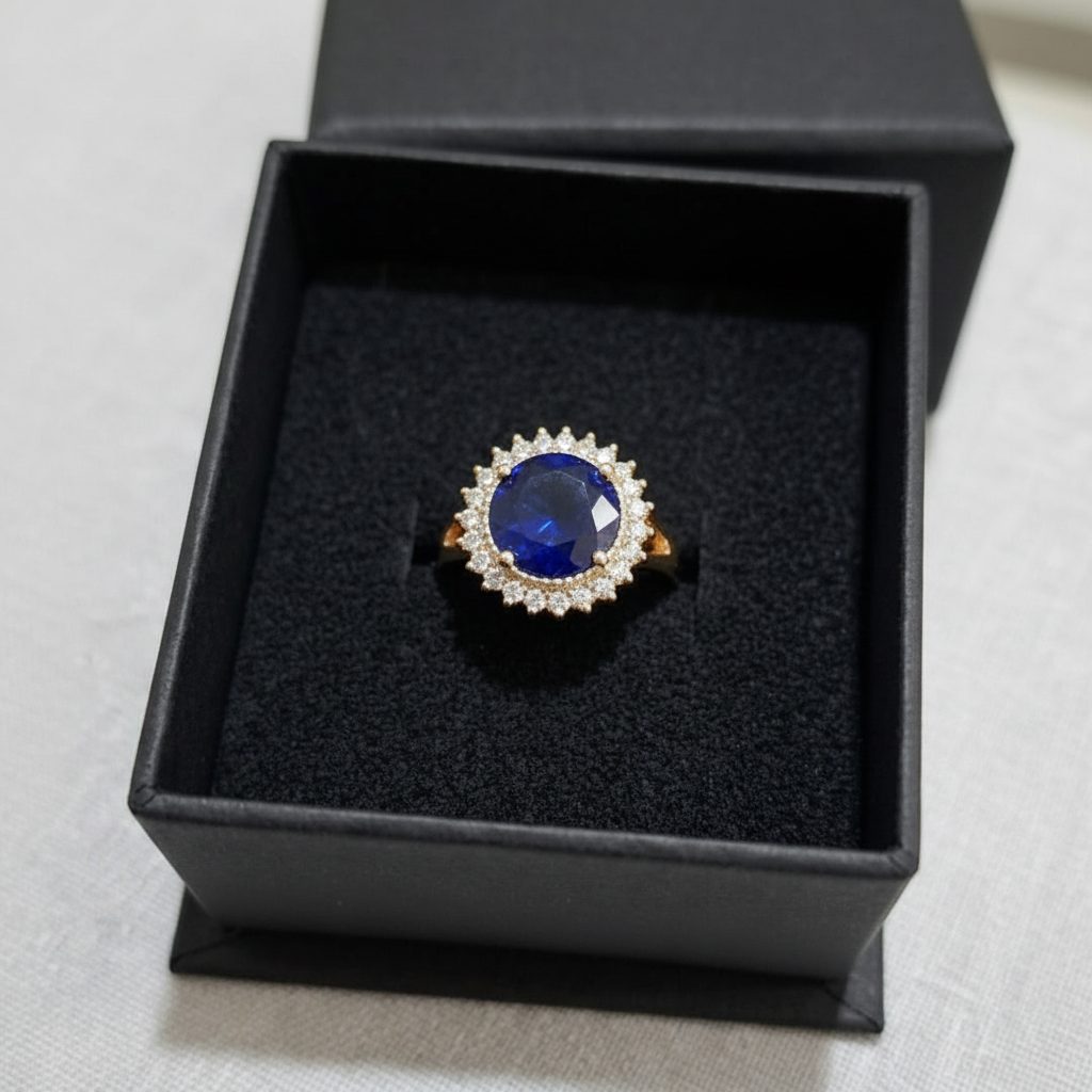 Elegant Golden Ring with Blue Gemstone & Crystals in Gift Packing