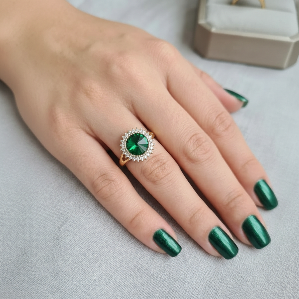 Elegant Golden Ring with Green Gemstone & Crystals in Gift Packing