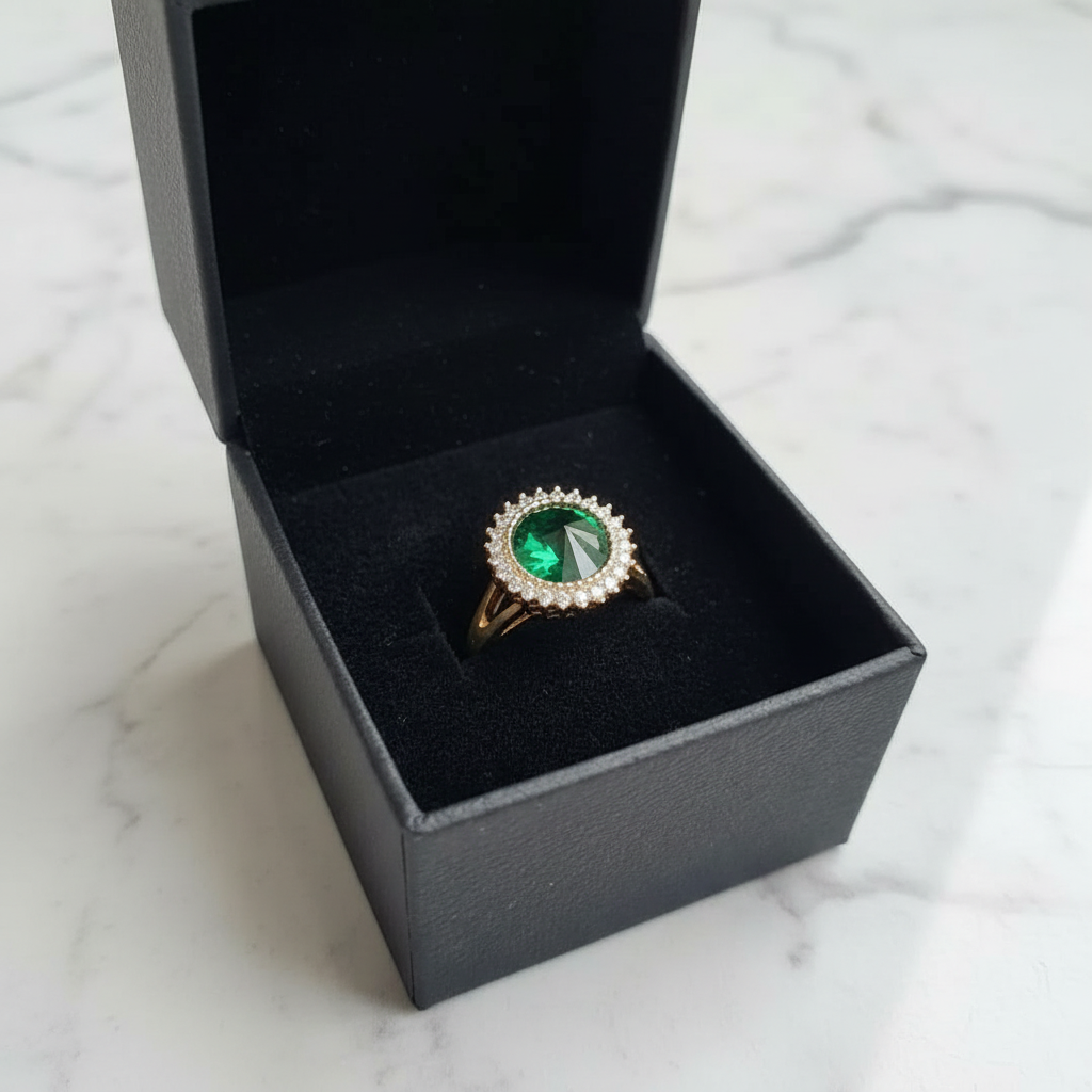 Elegant Golden Ring with Green Gemstone & Crystals in Gift Packing