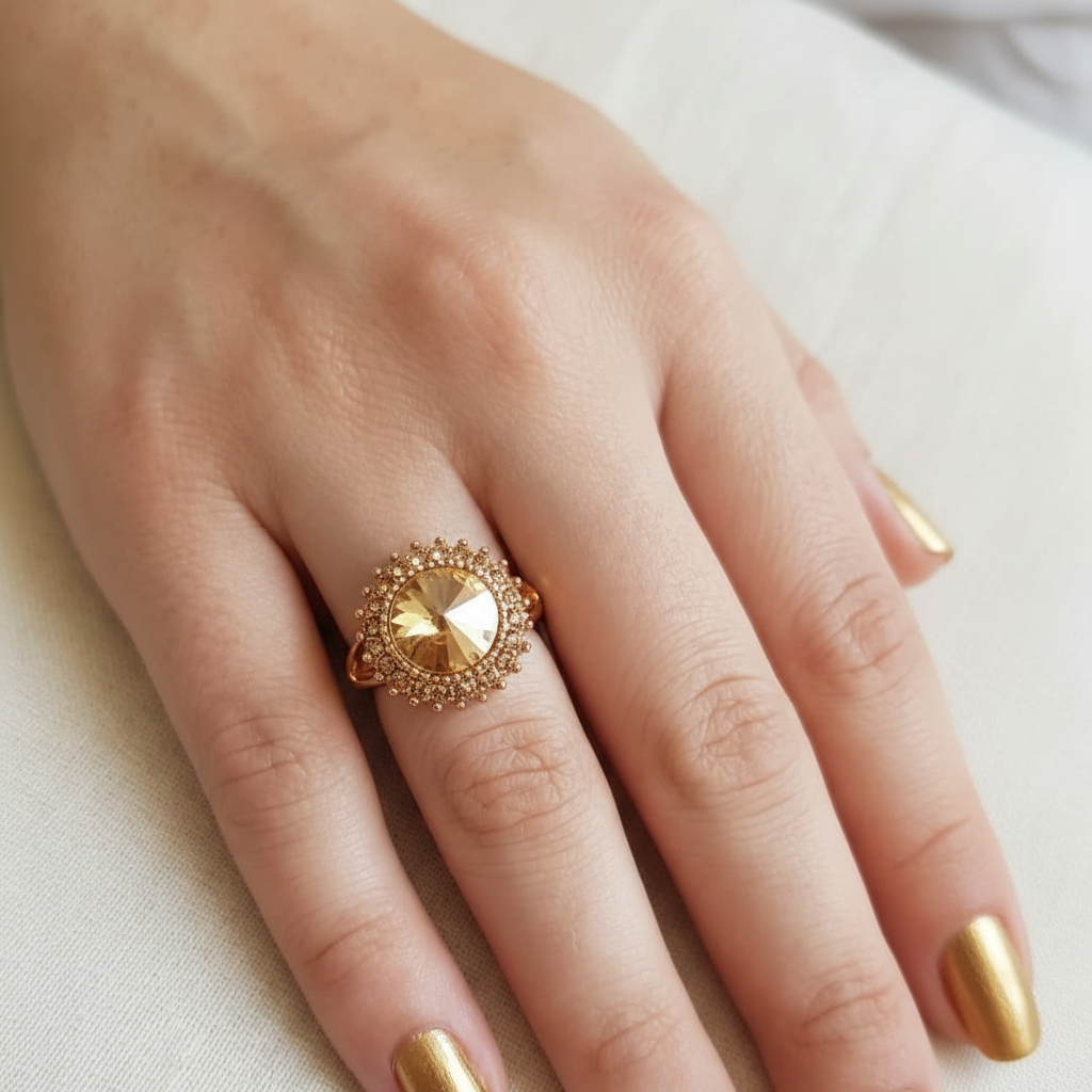 Elegant Golden Ring with Golden Gemstone & Crystals in Gift Packing