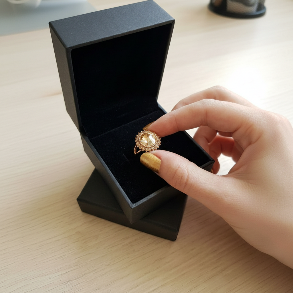 Elegant Golden Ring with Golden Gemstone & Crystals in Gift Packing