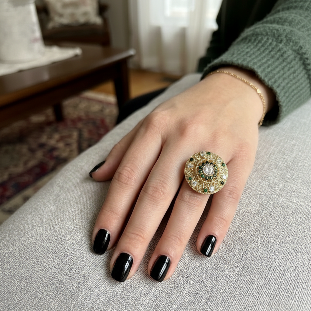 Elegant Golden Ring with Green Gemstone & Crystals in Gift Packing