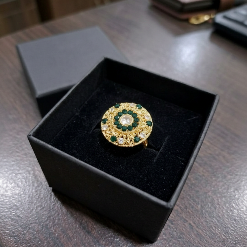 Elegant Golden Ring with Green Gemstone & Crystals in Gift Packing