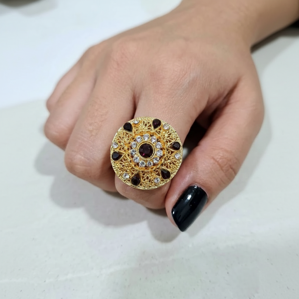 Elegant Golden Ring with Maroon Gemstone & Crystals in Gift Packing