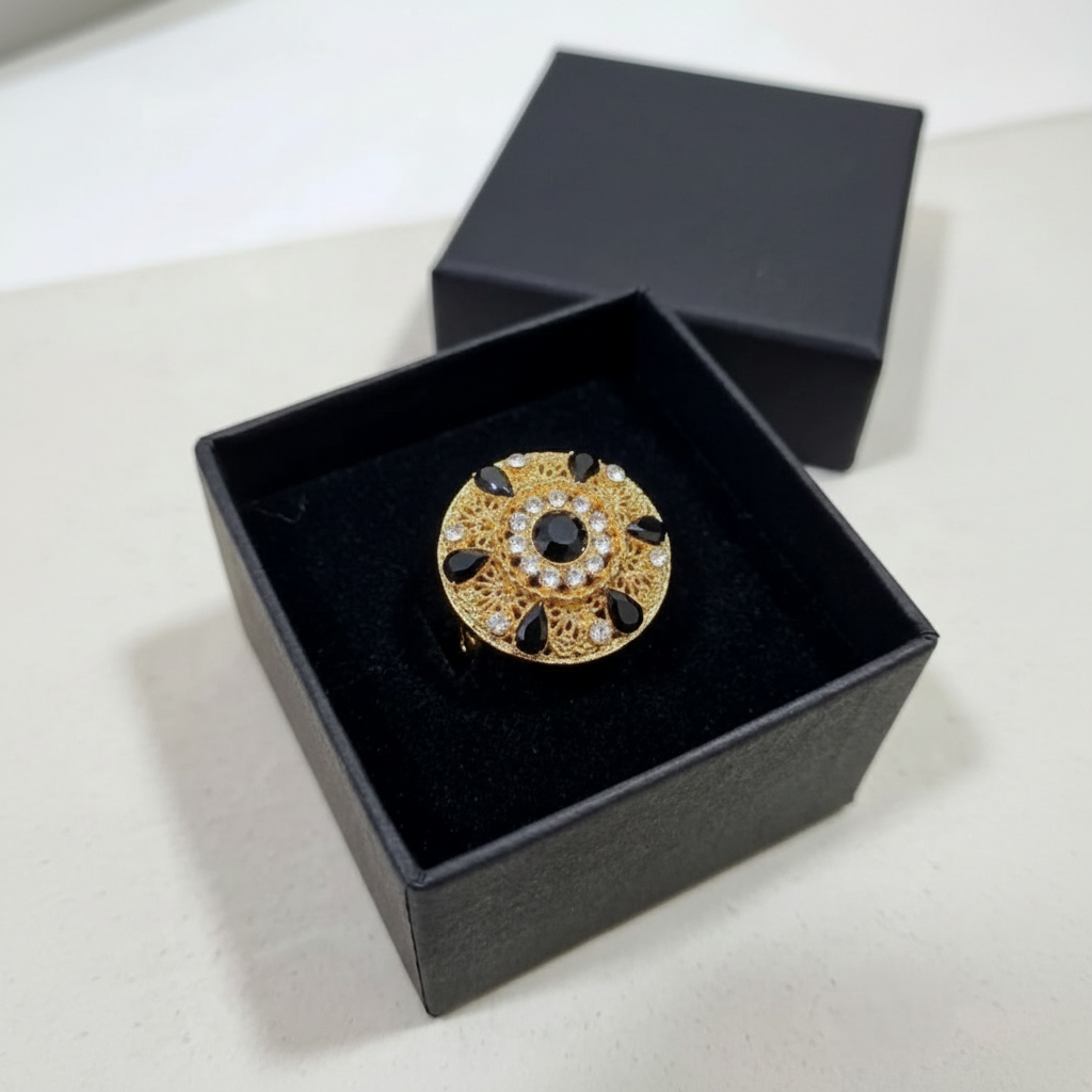 Elegant Golden Ring with Maroon Gemstone & Crystals in Gift Packing