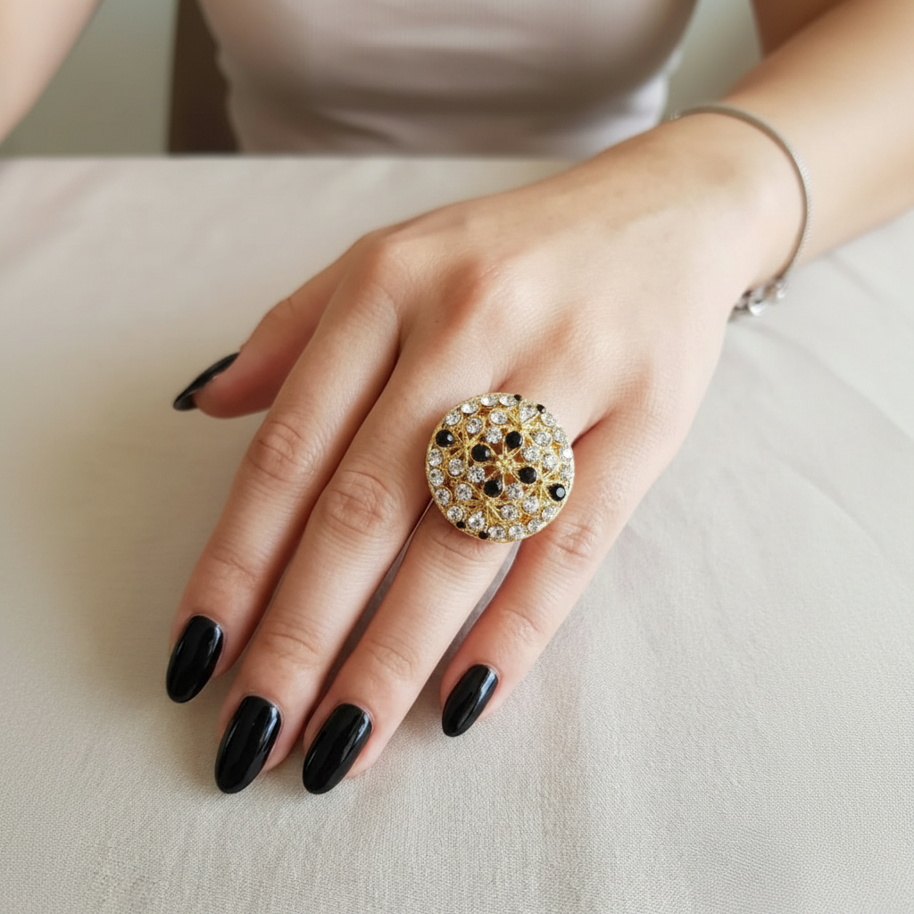 Elegant Golden Ring with Black Gemstone & Crystals in Gift Packing