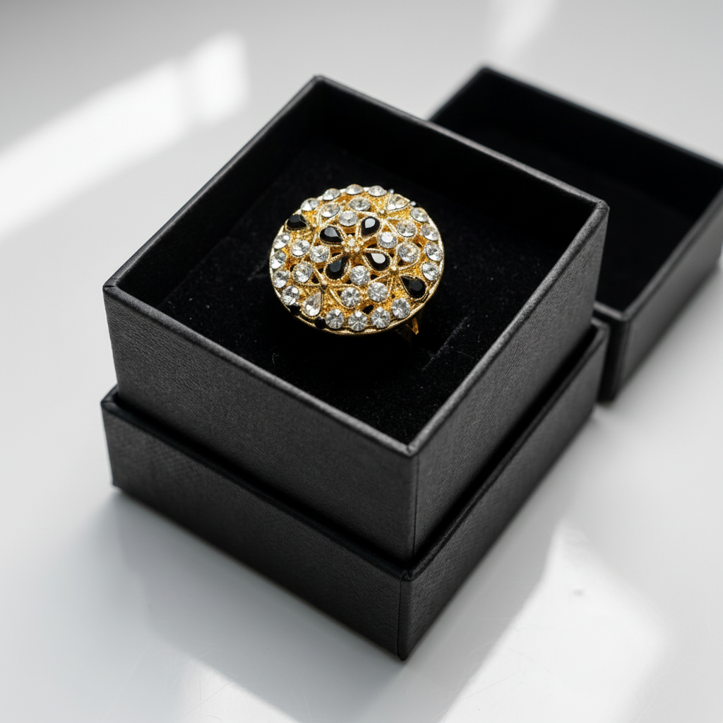 Elegant Golden Ring with Black Gemstone & Crystals in Gift Packing