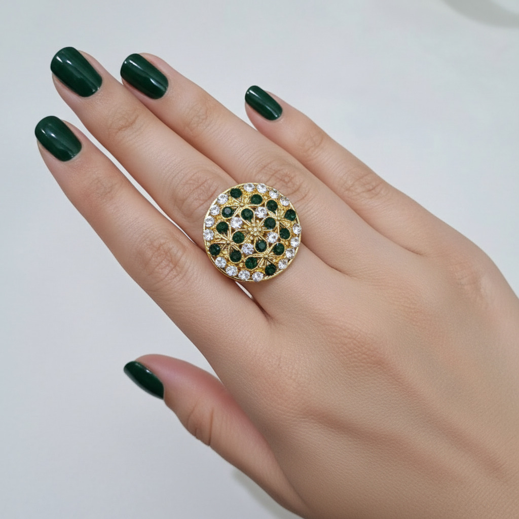 Elegant Golden Ring with Green Gemstones & Crystals in Gift Packing