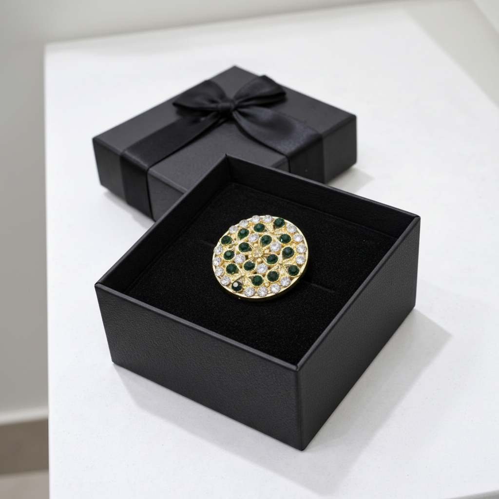 Elegant Golden Ring with Green Gemstones & Crystals in Gift Packing