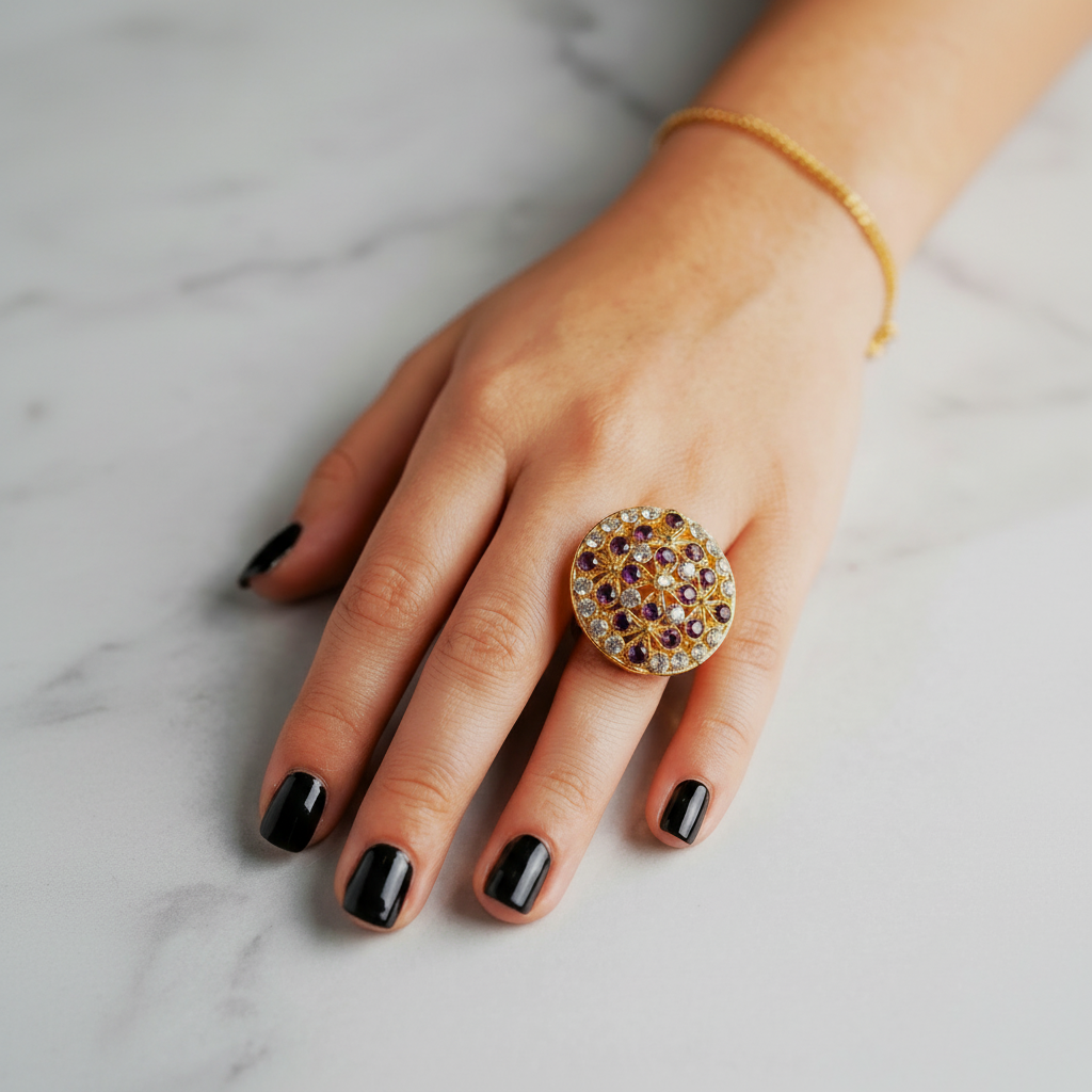Elegant Golden Ring with Black Gemstones & Crystals in Gift Packing