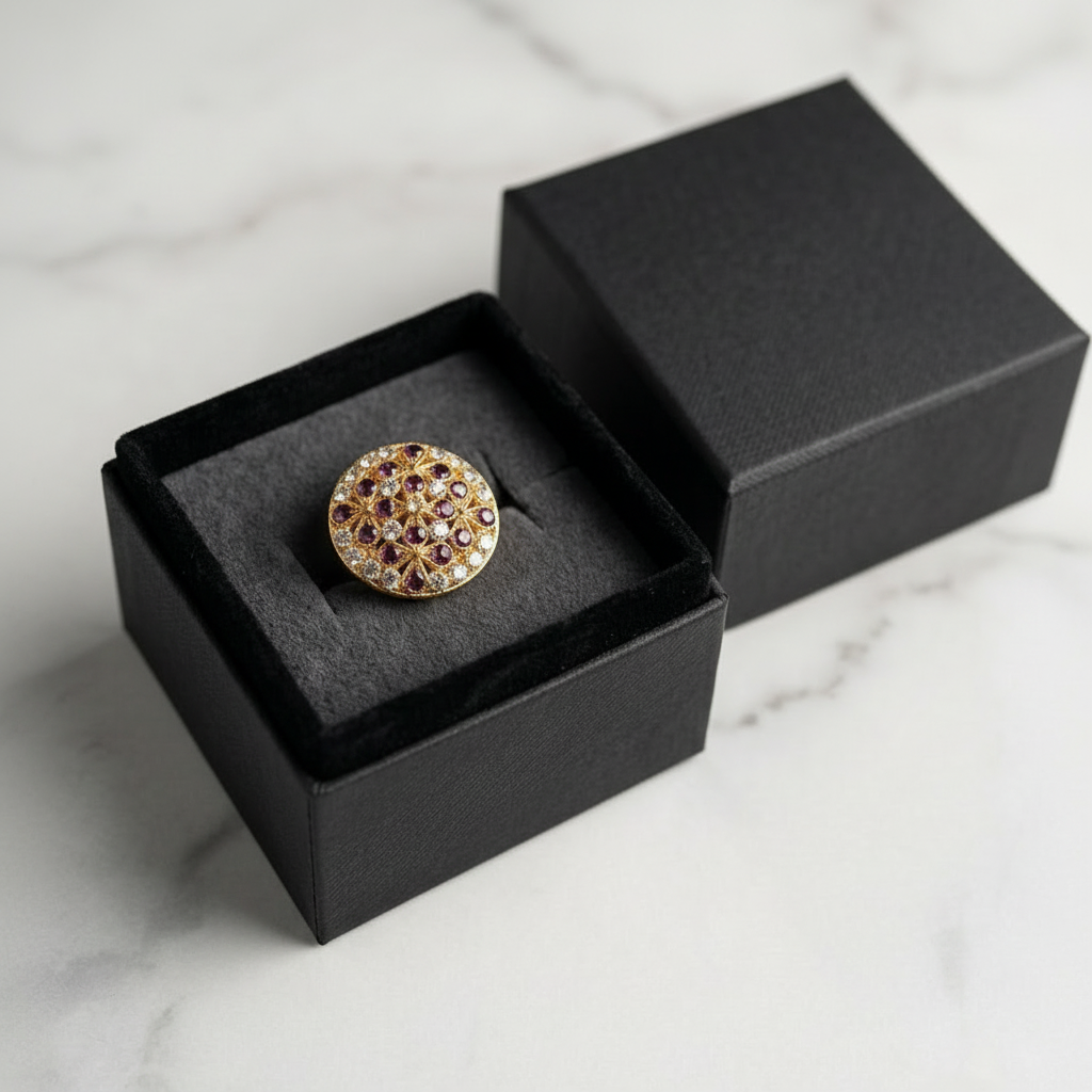 Elegant Golden Ring with Black Gemstones & Crystals in Gift Packing