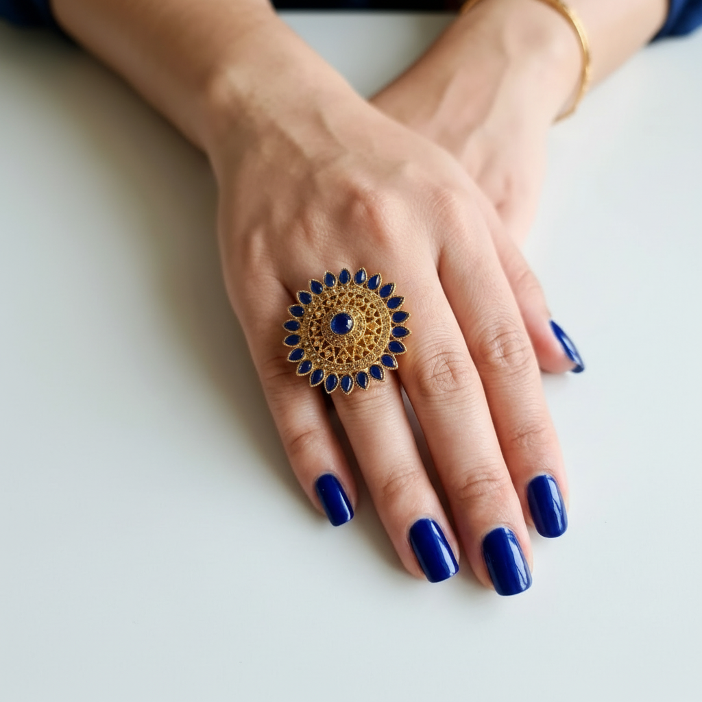 Grand Golden Ring with Blue Gemstones in Gift Packing