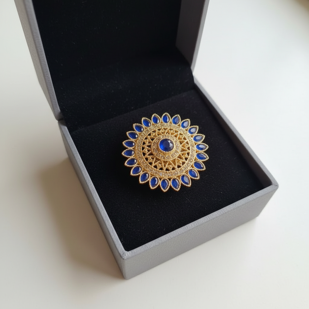 Grand Golden Ring with Blue Gemstones in Gift Packing