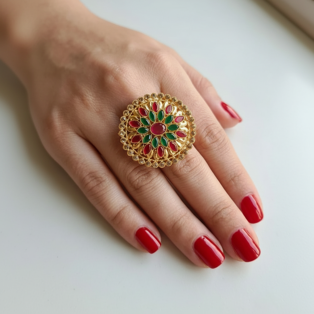 Grand Golden Ring with Dark Pink & Green Gemstones & Crystals in Gift Packing