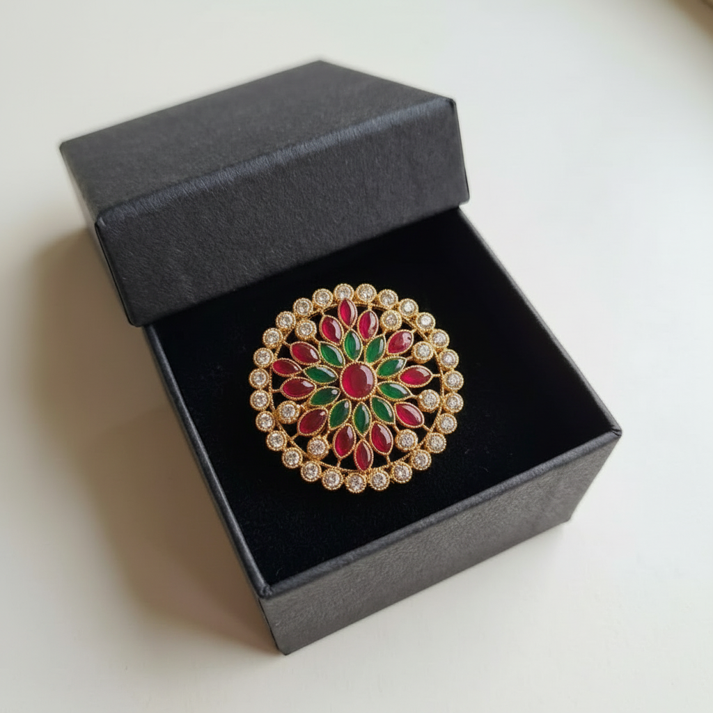 Grand Golden Ring with Dark Pink & Green Gemstones & Crystals in Gift Packing