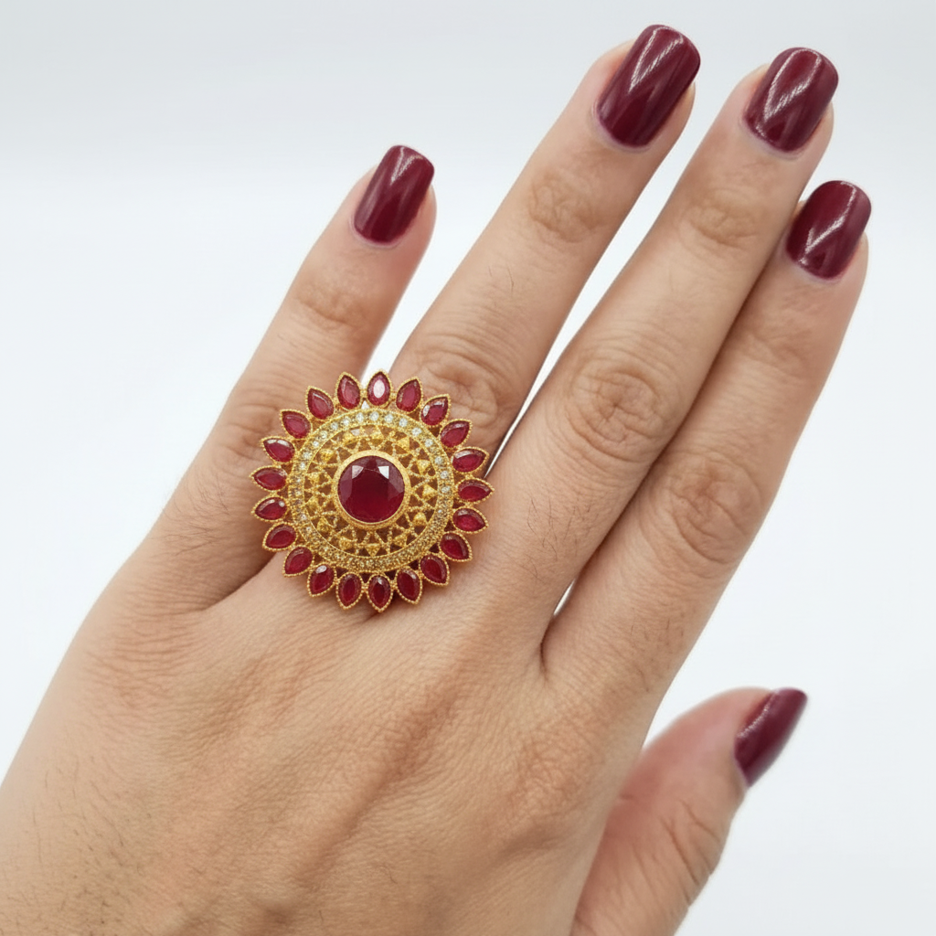 Grand Golden Ring with Maroon Gemstones & Crystals in Gift Packing