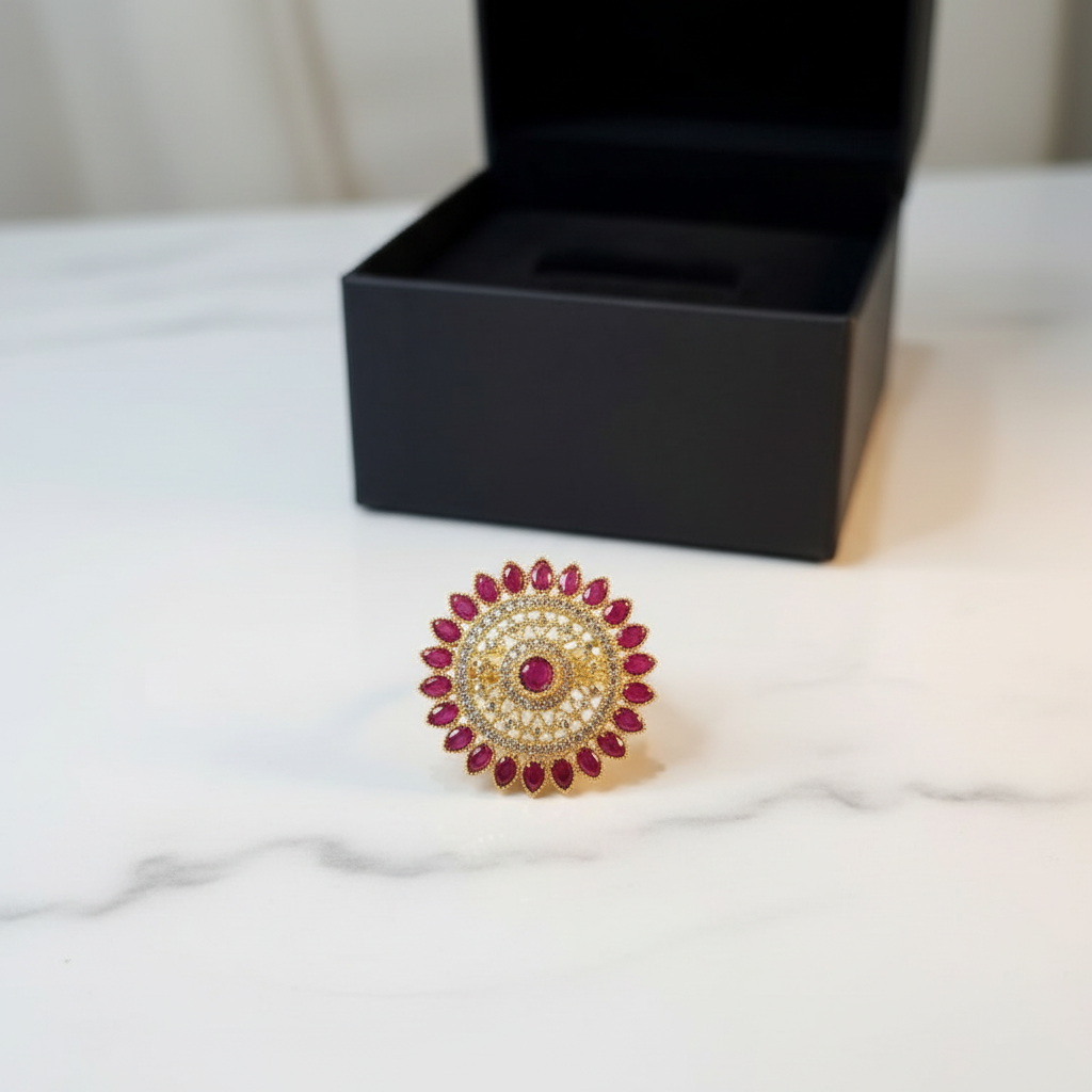 Grand Golden Ring with Maroon Gemstones & Crystals in Gift Packing