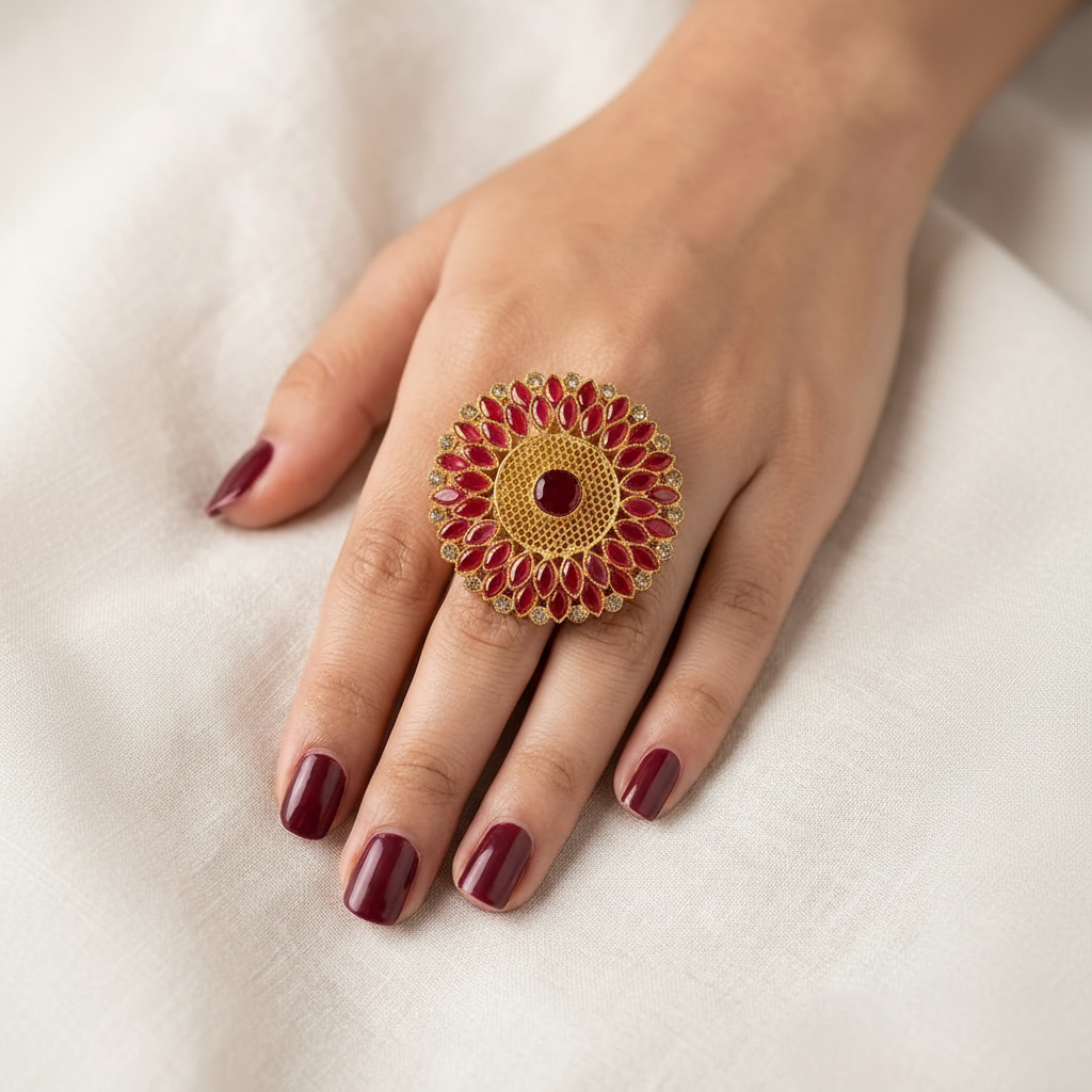 Grand Golden Ring with Maroon Gemstones & Crystals in Gift Packing