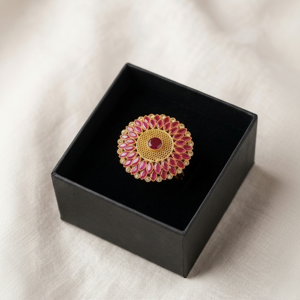 Grand Golden Ring with Maroon Gemstones & Crystals in Gift Packing