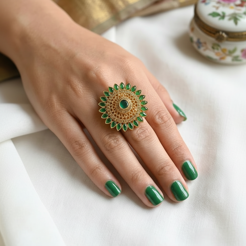 Grand Golden Ring with Green Gemstones & Crystals in Gift Packing